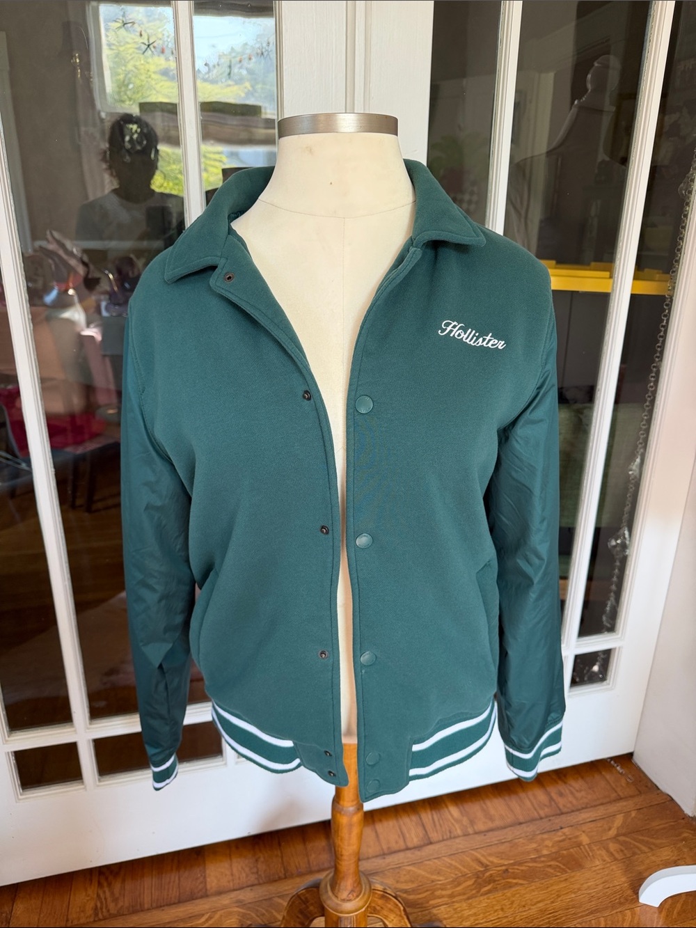 Hollister Teal Green Bomber Jacket with White Stripes
